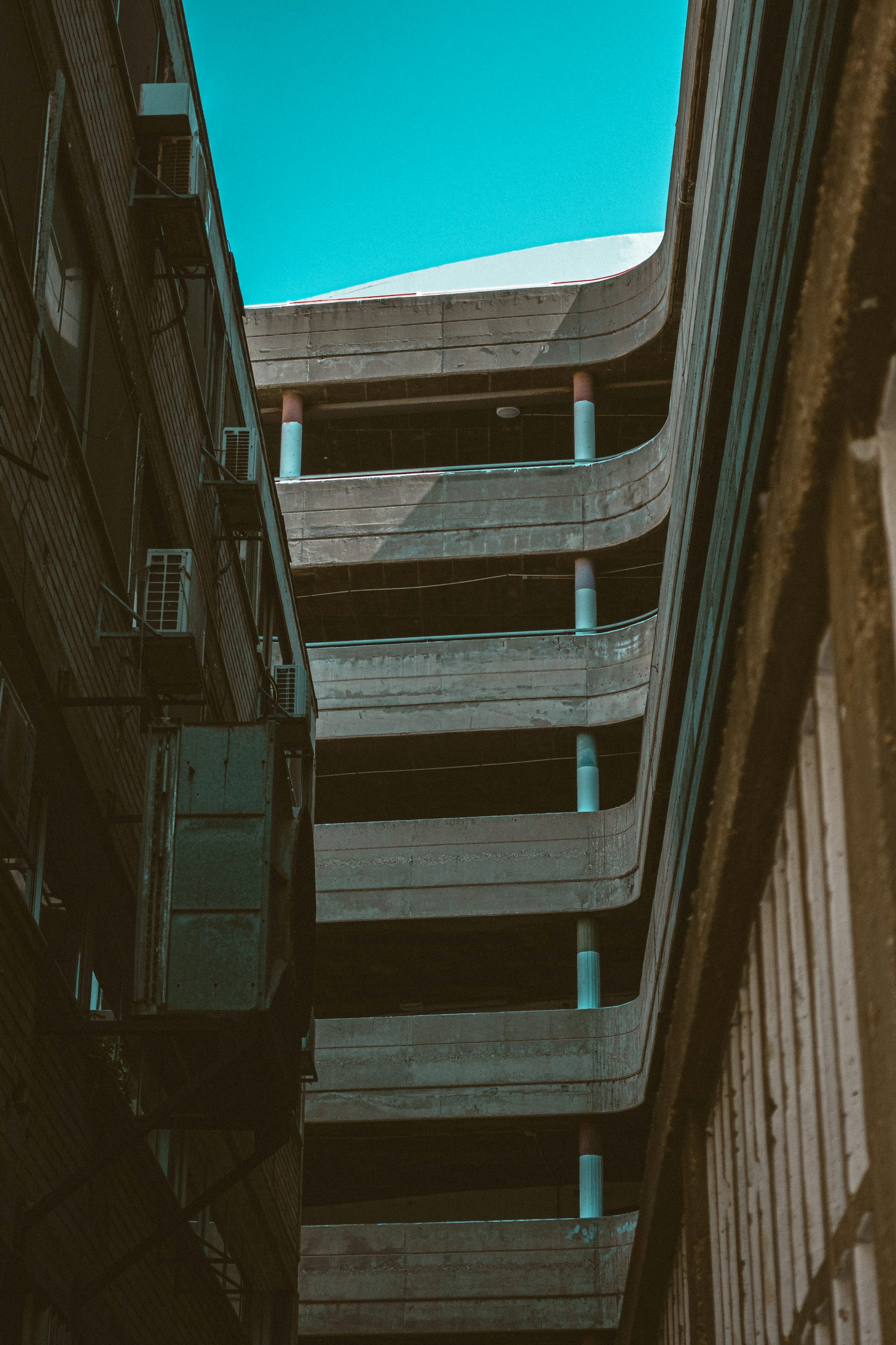 a wooden staircase with a blue sky