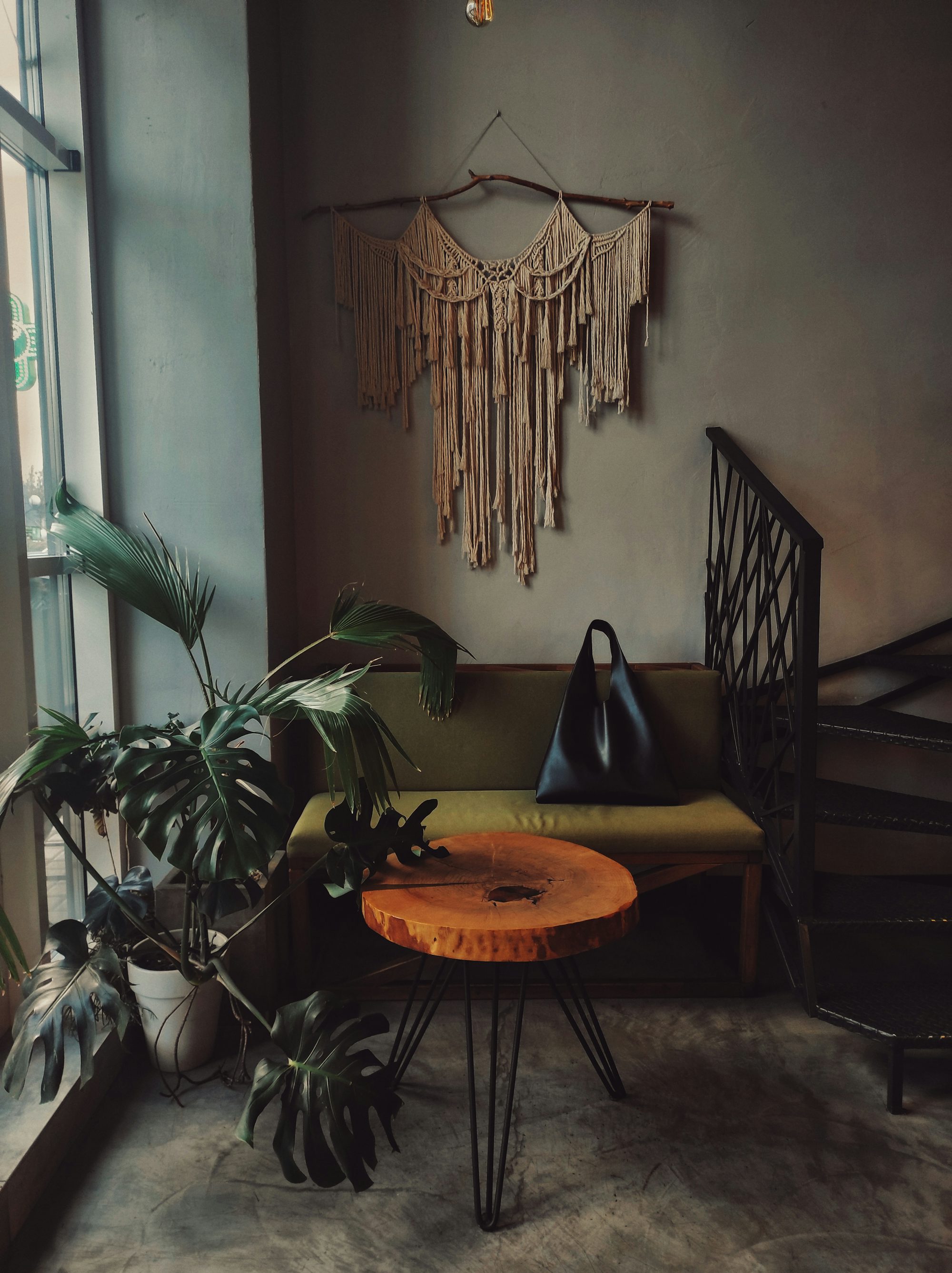 a living room with a couch and a table